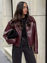 Burgundy Leather Women's Jacket with Zipper – Alessia