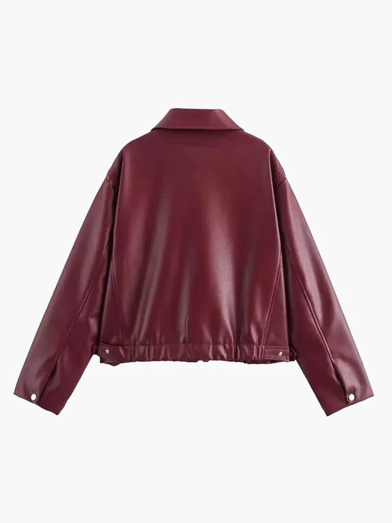 Burgundy Leather Women's Jacket with Zipper – Alessia