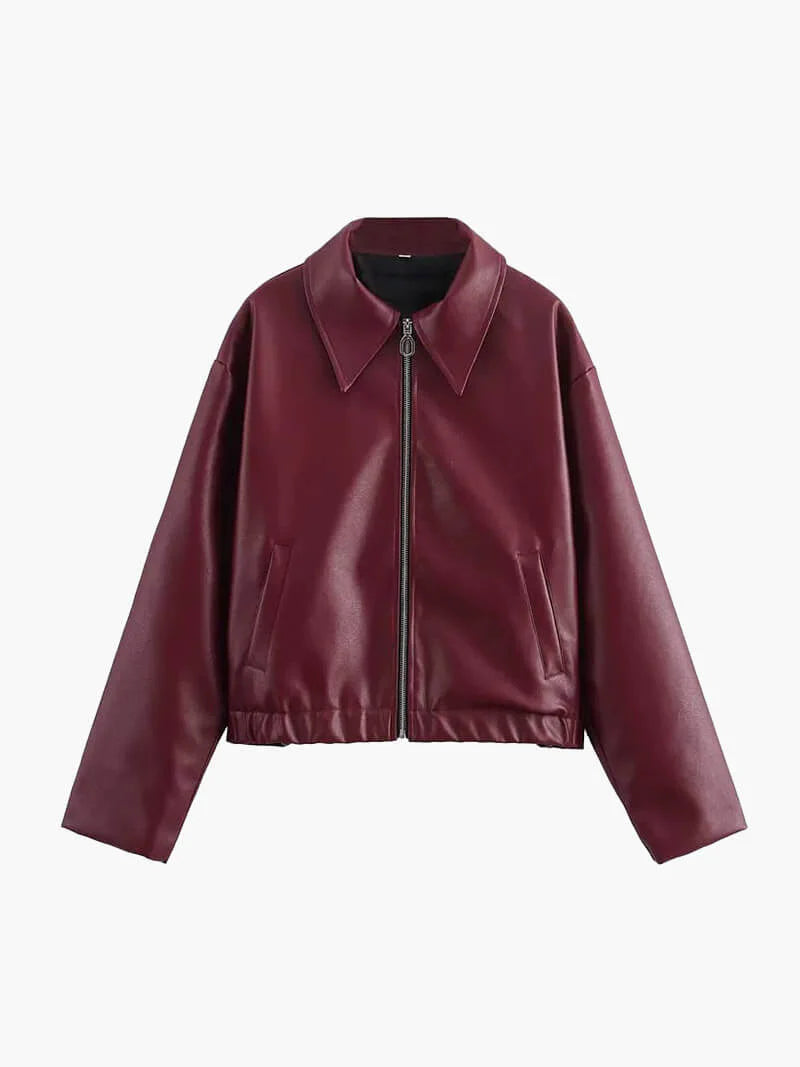 Burgundy Leather Women's Jacket with Zipper – Alessia