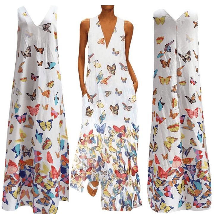 Trendy Mouwloos Maxi Zomerjurk met Vlinderpatroon – Malia