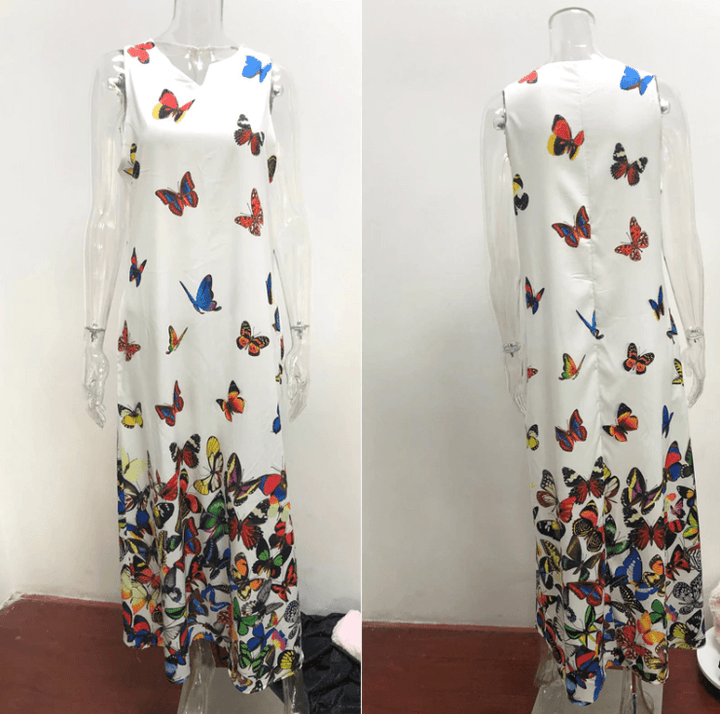 Trendy Mouwloos Maxi Zomerjurk met Vlinderpatroon – Malia
