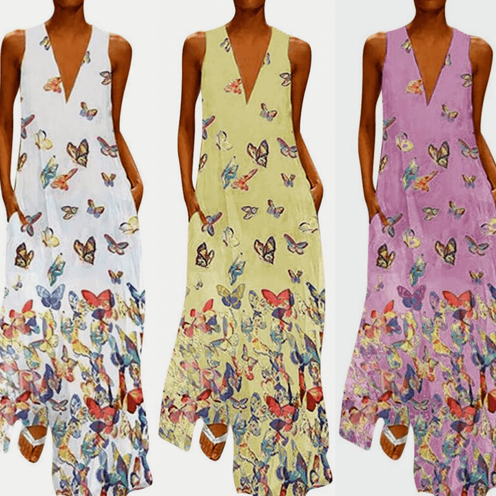 Trendy Mouwloos Maxi Zomerjurk met Vlinderpatroon – Malia