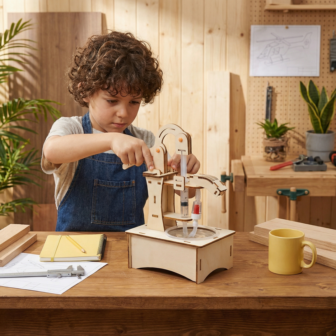 Kind in schort bedient het houten handpompmodel met spuit en slangetjes, boven een bakje water op een werkbank. 3
