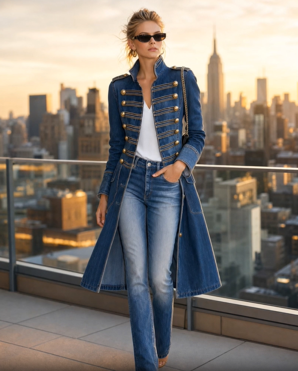 Model met zonnebril draagt de blauwe denim jas met jeans op een dakterras, met een stadsgezicht bij zonsondergang op de achtergrond. 3