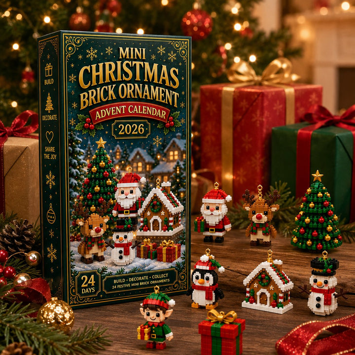 Doos met uitgepakte figuurtjes zoals kerstman, rendier, pinguïn, elf en kerstboompje, voor kerstcadeaus en dennentakken. 6