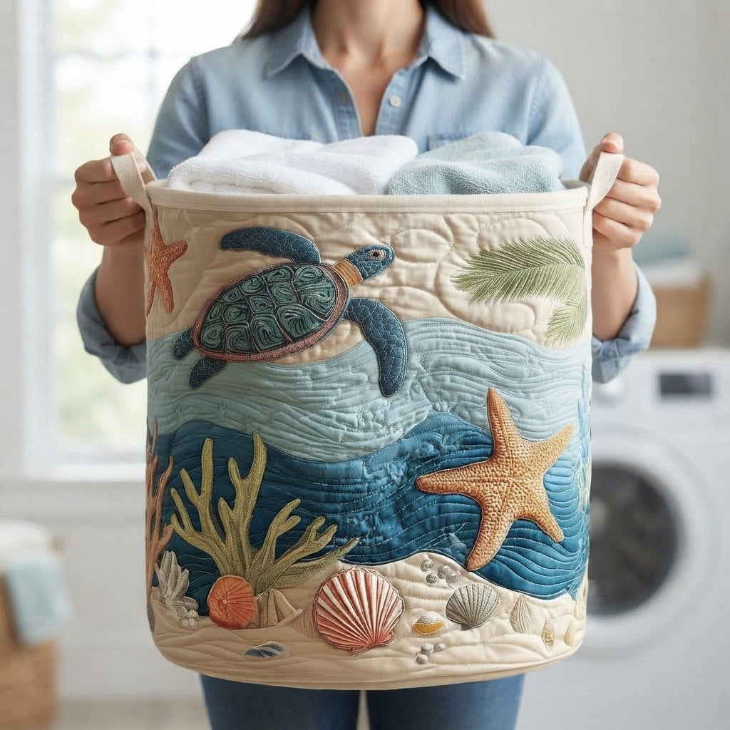 Vrouw in spijkerblouse houdt de mand met beide handen vast aan de canvas handvatten, gevuld met handdoeken, voor een wasmachine. 5