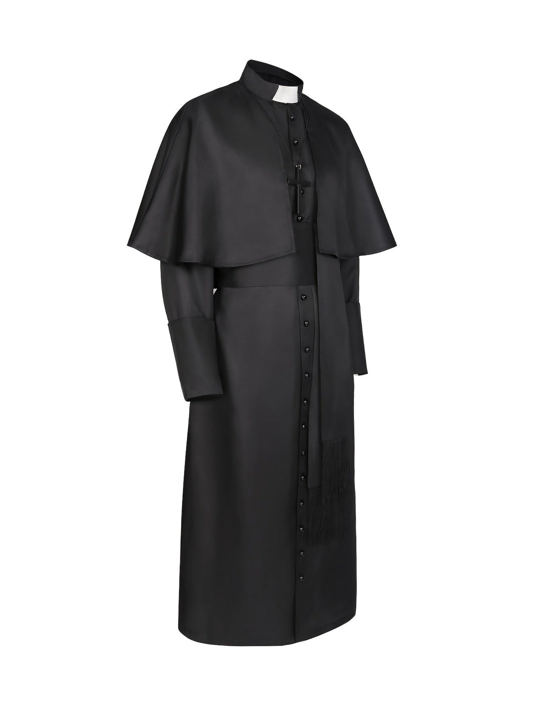 Zijaanzicht van het zwarte priestergewaad met cape, knoopsluiting en lang gewaad met kruisketting op de borst 4