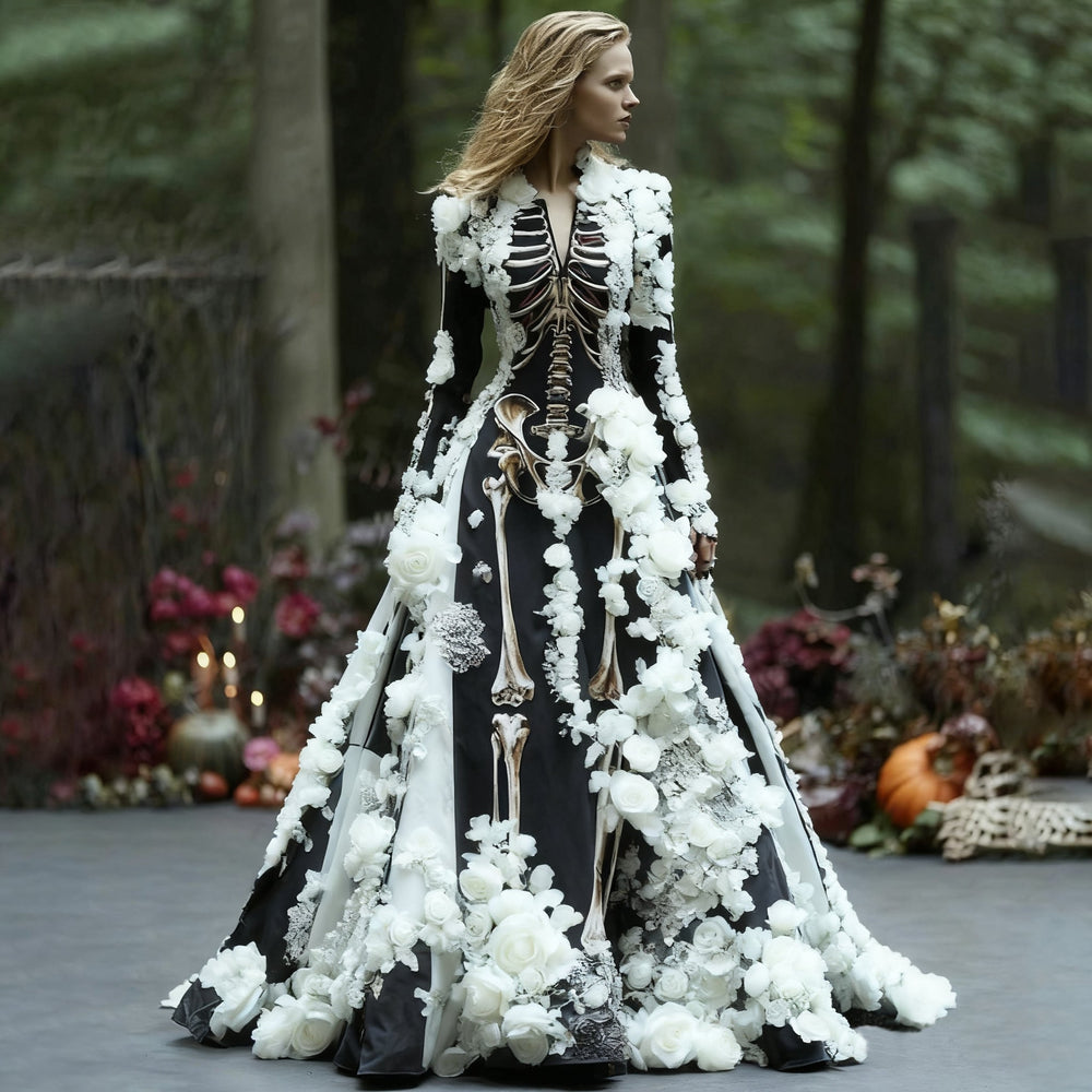 Dezelfde skeletjurk met lange mouwen, nu met witte driedimensionale rozen op zwarte stof, gedragen door een model in het bos. 2
