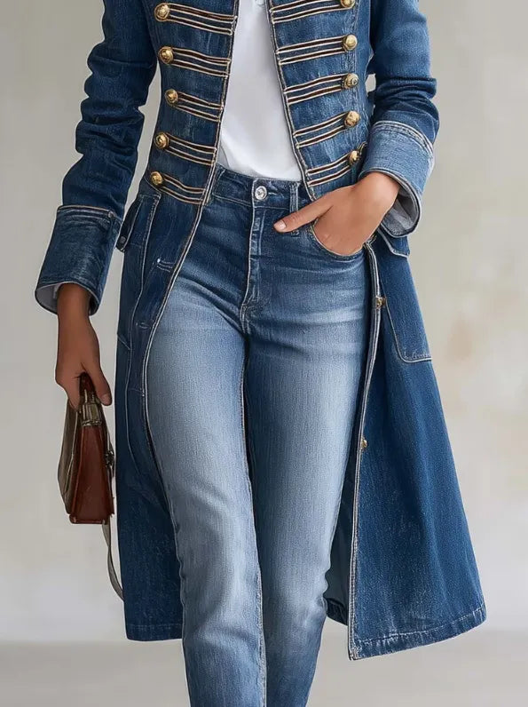 Close-up van het onderlijf in blauwe denim jas: klepzakken, gouden knopen, brede manchetten en de lange, uitlopende snit over jeans. 6