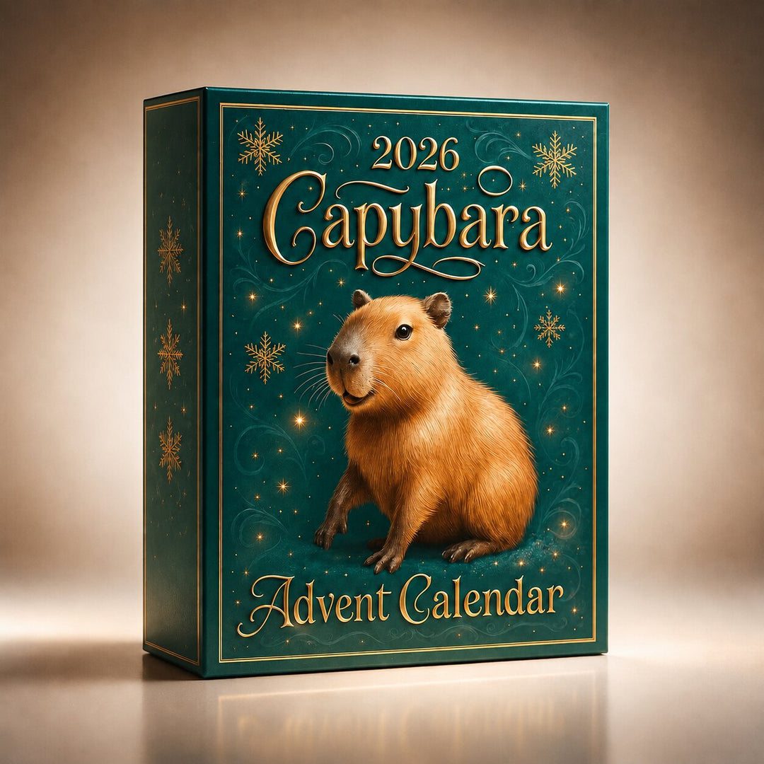 Close-up van de groene doos met gouden sneeuwvlokken en een zittende capybara, schuin gefotografeerd tegen een zachte beige studioachtergrond. 7