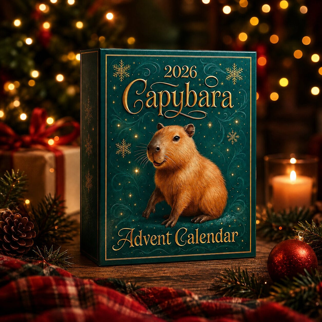 Groene doos met gouden sneeuwvlokken en een zittende capybara, neergezet tussen kerstballen, dennentakken, een dennenappel, een kaars en een cadeau. 4