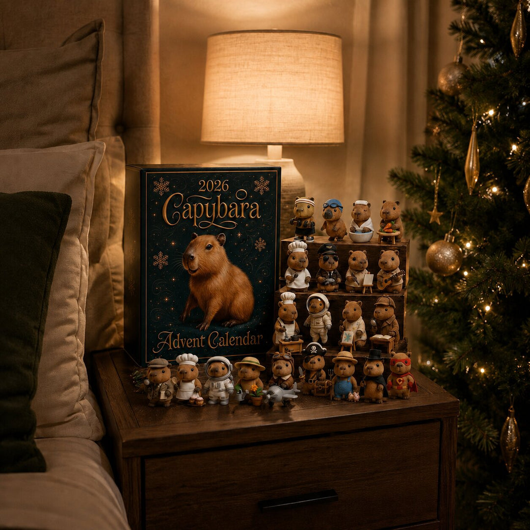 Doos en alle beeldjes uitgestald op een houten nachtkastje naast een bed, met een warm verlichte lamp en een kerstboom ernaast. 5