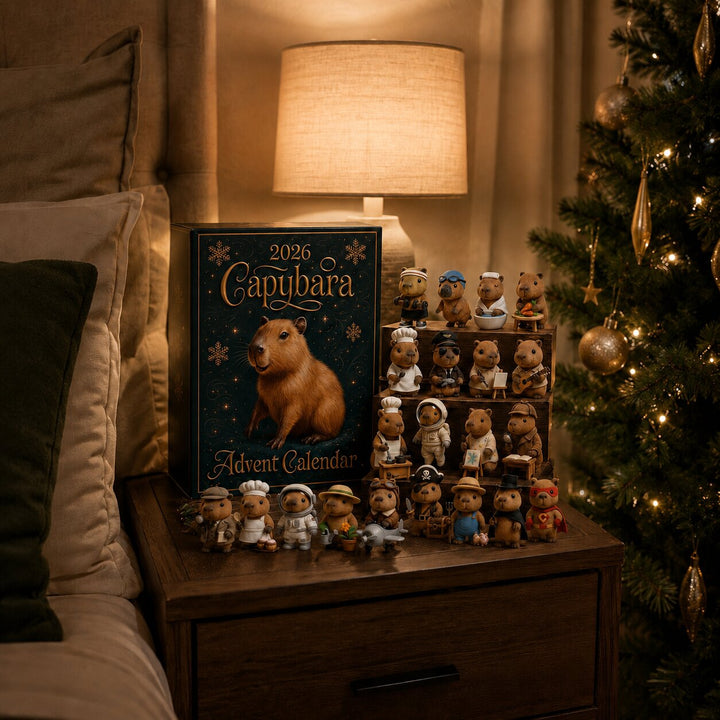 Doos en alle beeldjes uitgestald op een houten nachtkastje naast een bed, met een warm verlichte lamp en een kerstboom ernaast. 5
