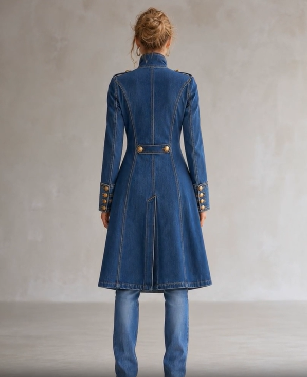 Achterkant van de blauwe denim jas: model van achteren met gesplitste rug, rugriempje met twee gouden knopen en geknoopte manchetten. 5