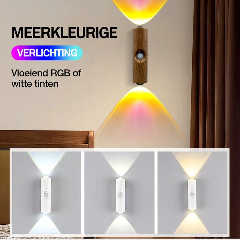 Wandlamp met houtlook boven een bed, met geel en roze licht, plus drie witte lichtstanden eronder 9