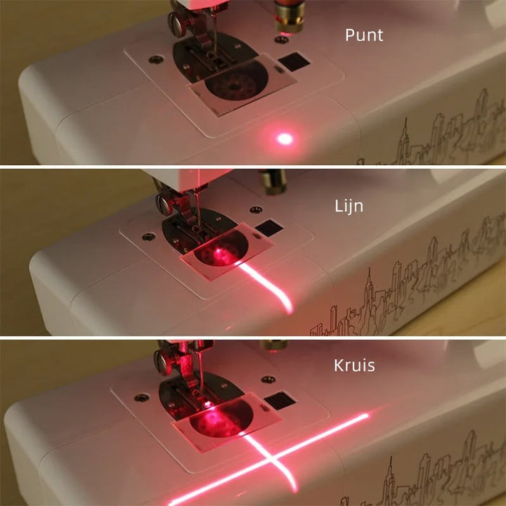 Drie opnames van een naaimachine met laser die een punt, een lijn en een kruis projecteert 3