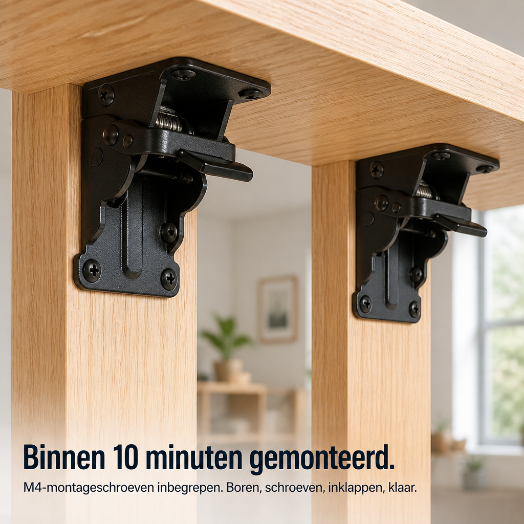 Twee zwarte klapbeugels met zichtbare schroeven gemonteerd tussen houten tafelpoten en het tafelblad, in een lichte woonkamer. 7
