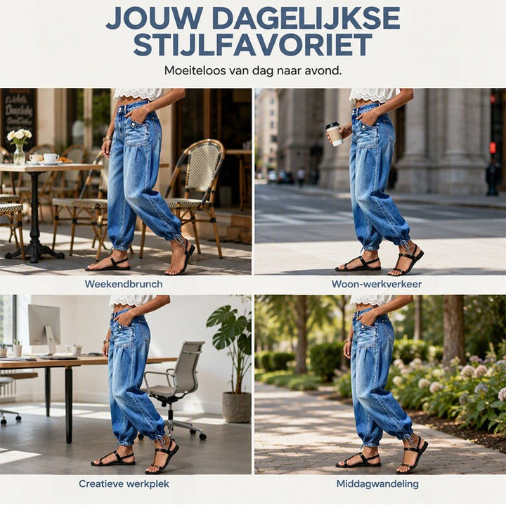 Vier beelden van de jeans in verschillende situaties: terras, stadswandeling, kantoor en park, steeds gedragen met zwarte sandalen. 6