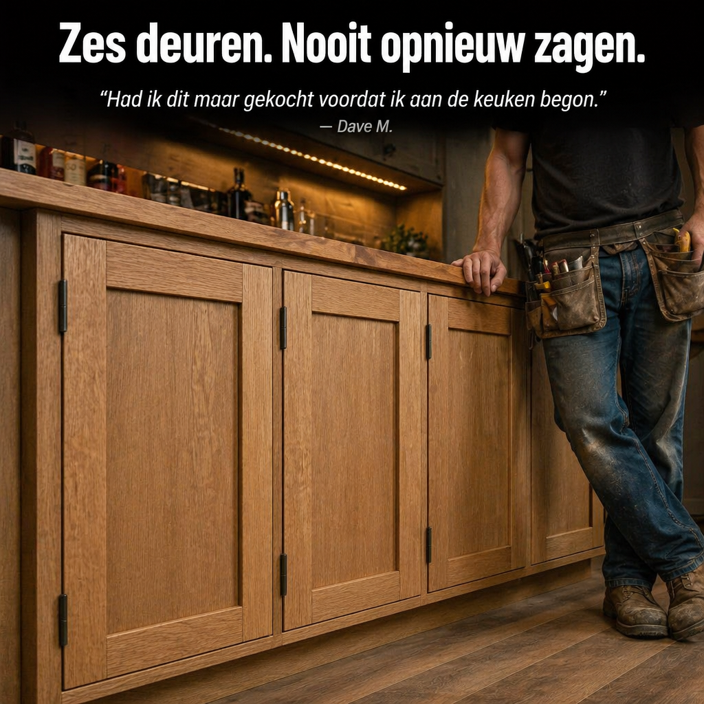 Man met gereedschapsriem leunt op een aanrecht met eikenhouten keukenkastdeuren, gemaakt met sleufverbindingen. 8