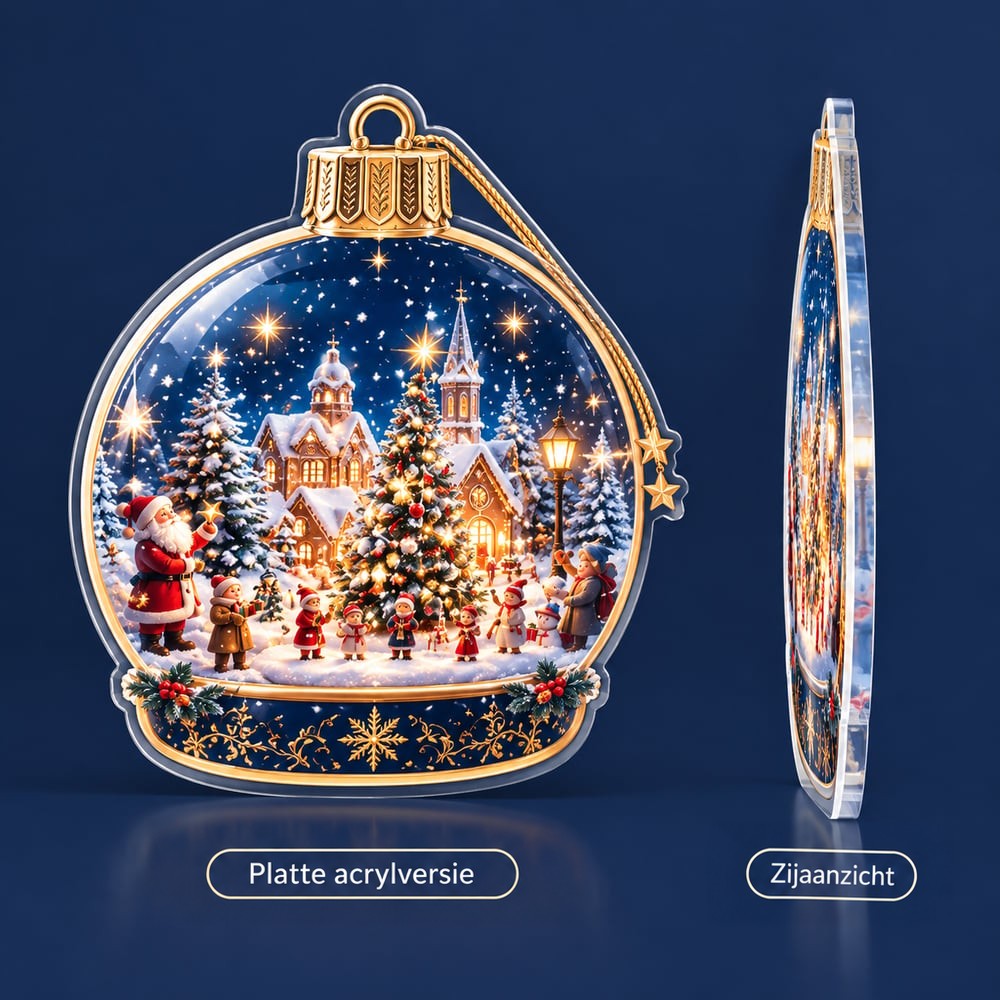 Platte acrylversie van een ornament in sneeuwbolvorm met kerkdorp, naast een zijaanzicht dat de dunne dikte toont 4