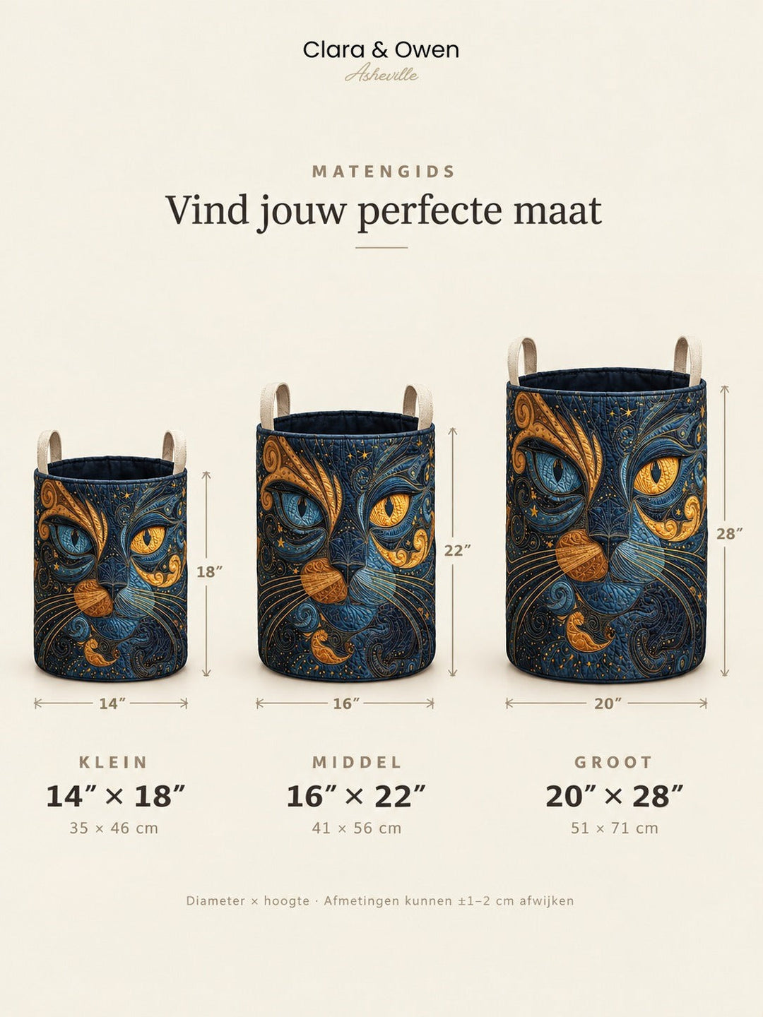 Maatoverzicht van de kattenmand in drie formaten, klein, medium en groot, naast elkaar met hoogte en diameter in centimeters. 5