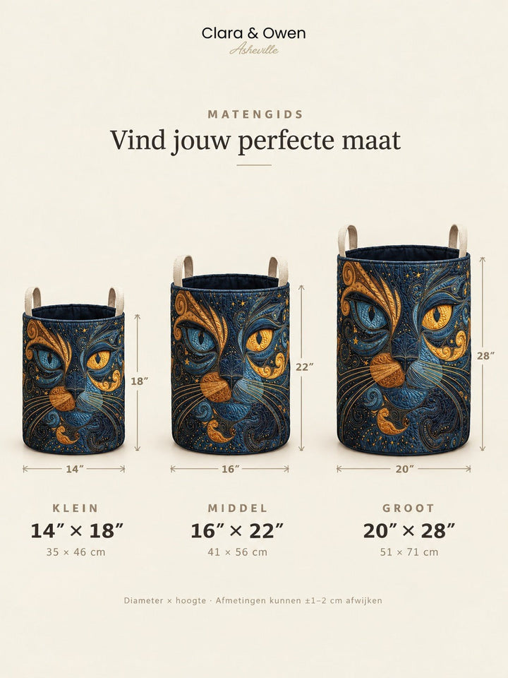 Maatoverzicht van de kattenmand in drie formaten, klein, medium en groot, naast elkaar met hoogte en diameter in centimeters. 5