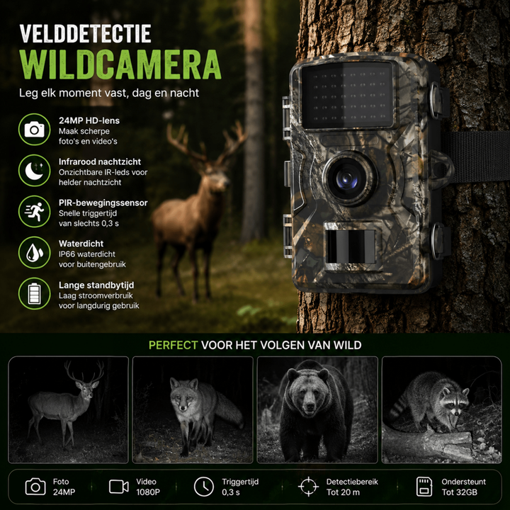 Camera aan een boomstam vastgemaakt met een band, met een hert in het bos en vier nachtopnames van wilde dieren. 6