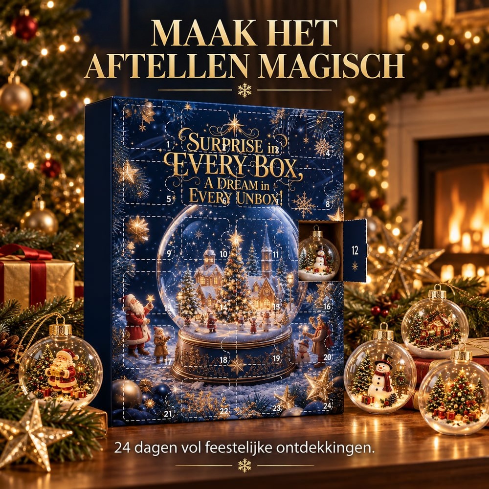 Adventskalender met geopend deurtje waarin een sneeuwpopbal zit, naast losse ornamenten bij een open haard 3
