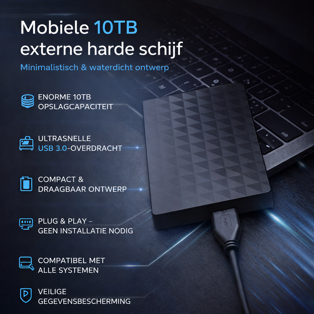 Productafbeelding van de schijf bij een laptop, met pictogrammen en lijst met voordelen in het Engels 5