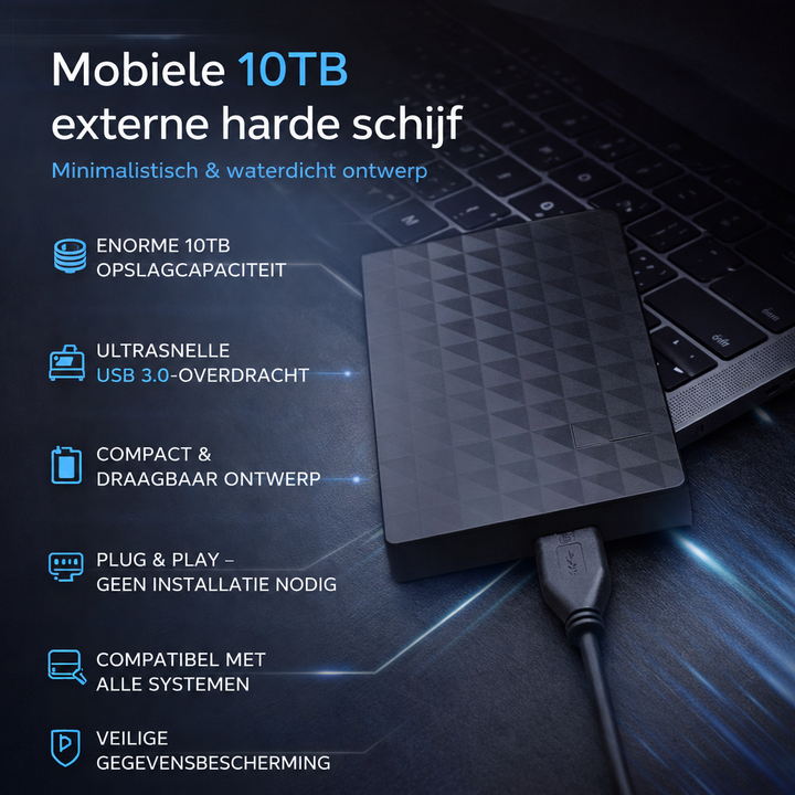 Productafbeelding van de schijf bij een laptop, met pictogrammen en lijst met voordelen in het Engels 5