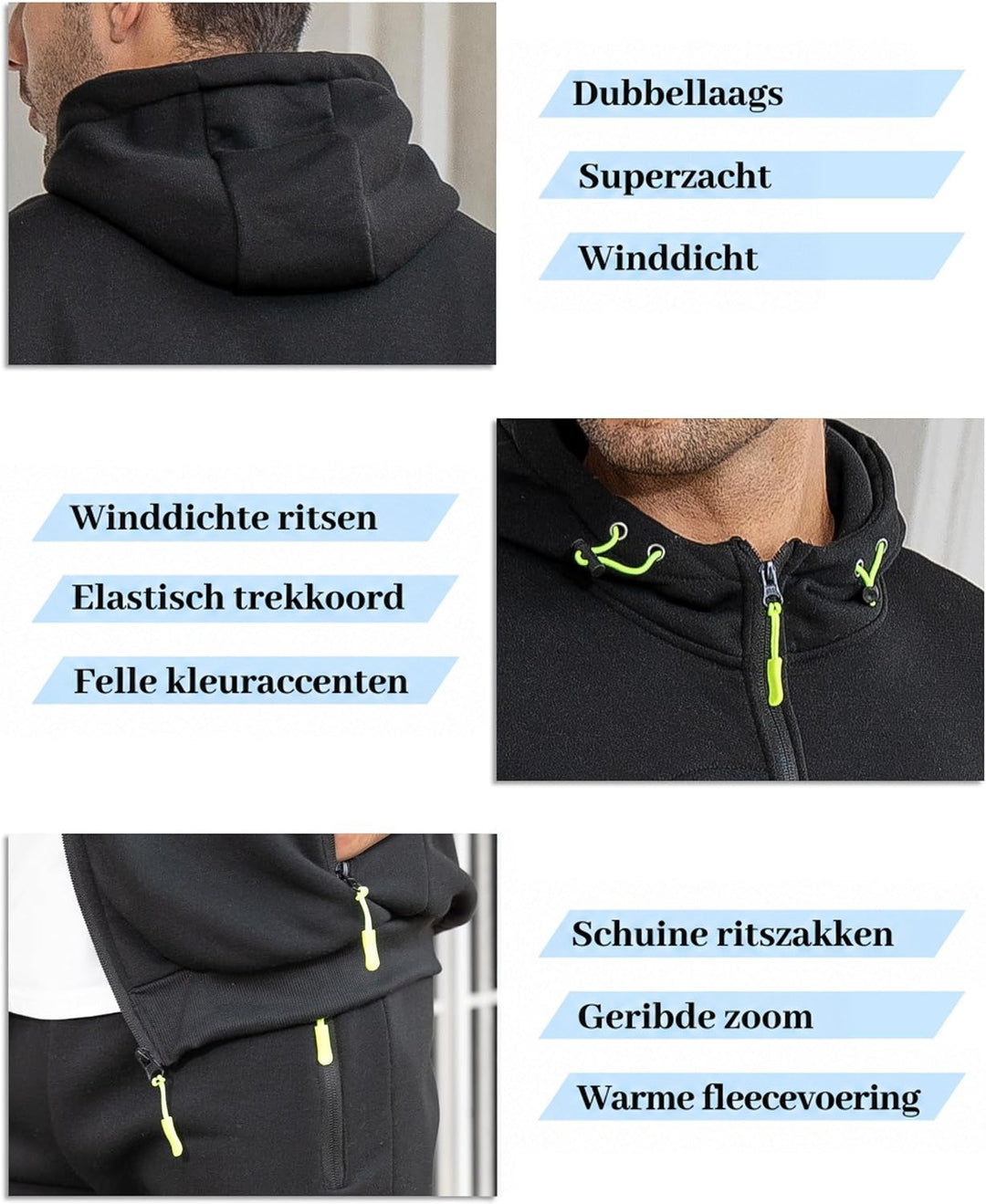 Collage van details van het zwarte pak: capuchon, trekkoordjes met felgroene rits en ritszakken 22