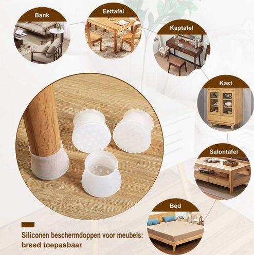 Siliconen dopjes bij een houten poot, omringd door kleine foto's van meubels zoals bank, eettafel, kast en bed waar ze op passen. 7