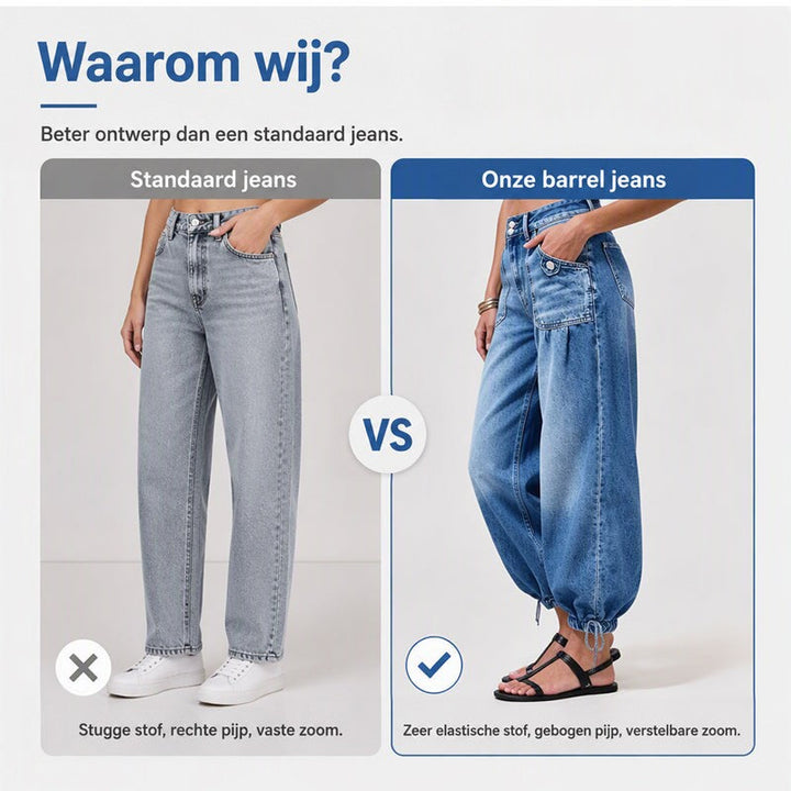 Vergelijking van een rechte lichtgrijze spijkerbroek met de blauwe barreljeans met gebogen pijpen en verstelbare zoom. 5