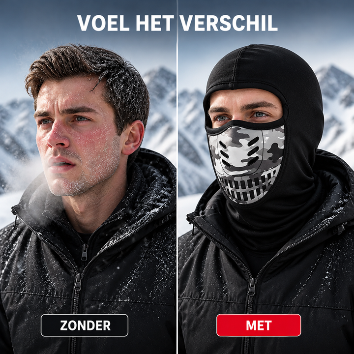 Vergelijking van twee mannen in de sneeuw: links zonder gezichtsbedekking met bevroren huid, rechts met de zwarte bivakmuts. 3