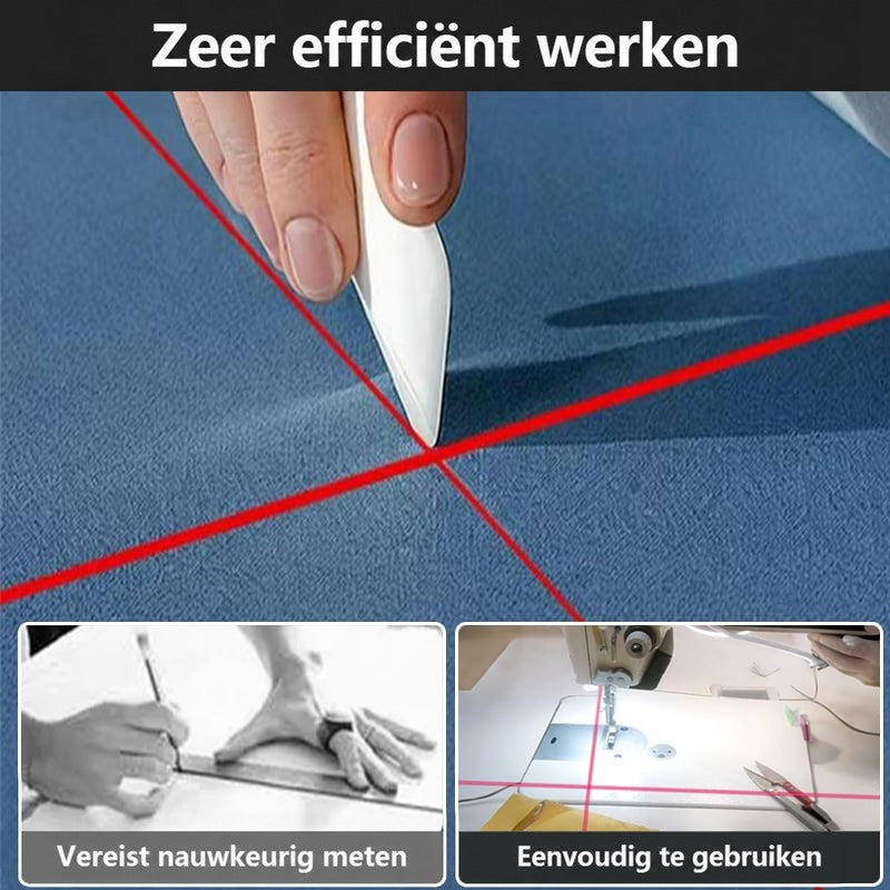Rode laserkruislijnen op blauwe stof naast een handmatige meting met liniaal en de laser bij een naaimachine 6
