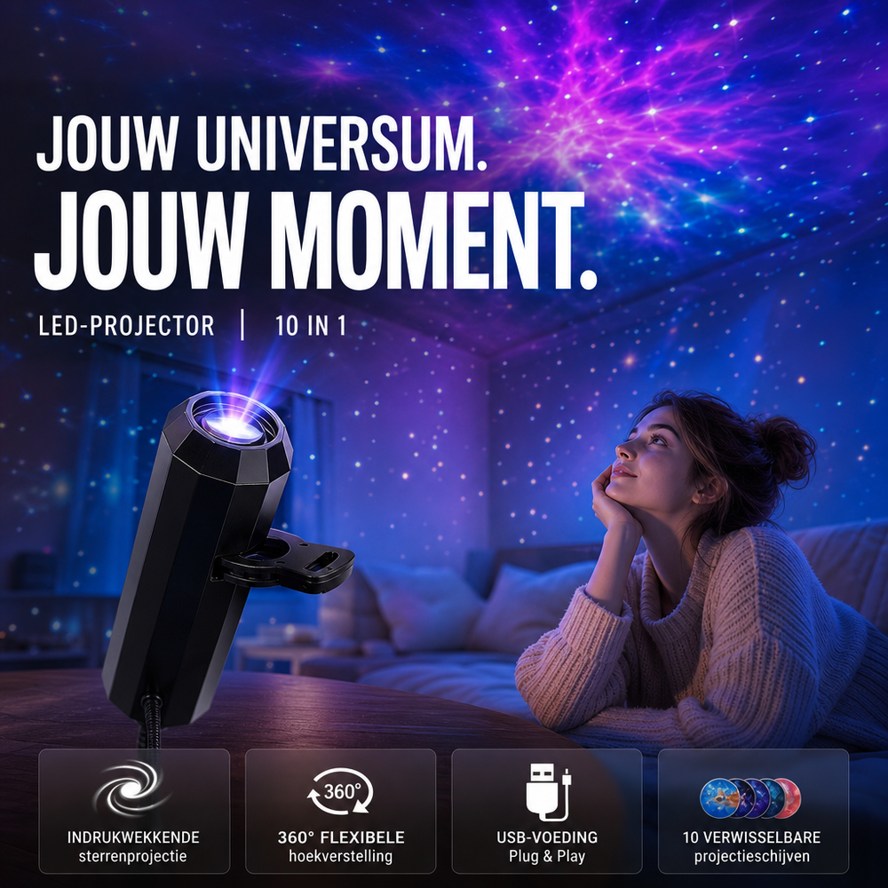 Zwarte projector op tafel werpt paarse sterrennevel op plafond en wanden, terwijl een vrouw omhoog kijkt 2