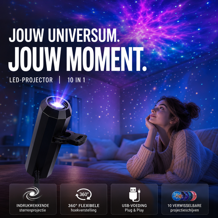 Zwarte projector op tafel werpt paarse sterrennevel op plafond en wanden, terwijl een vrouw omhoog kijkt 2