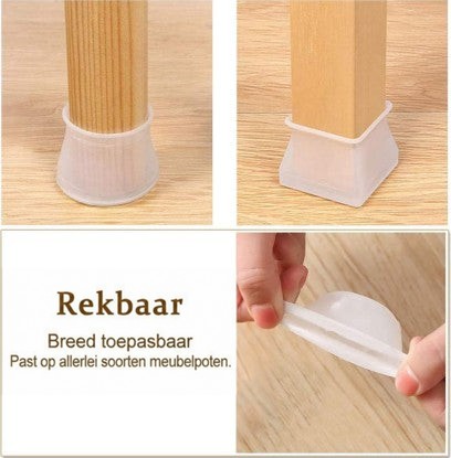 Collage van een dopje om een ronde en een vierkante houten poot, plus een hand die het siliconen dopje uitrekt. 4