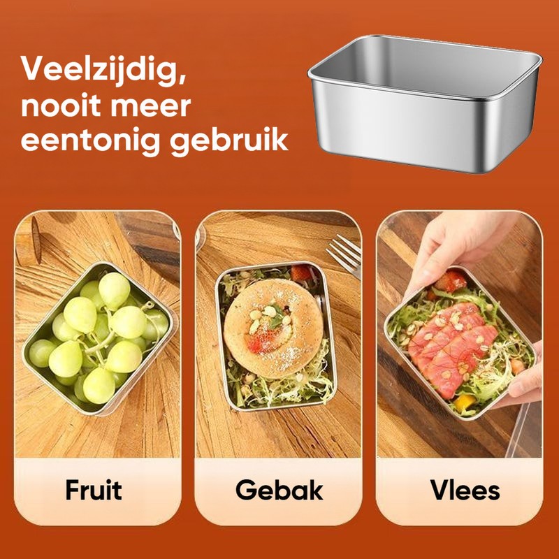 Stalen bakje apart getoond, met drie gebruiksvoorbeelden eronder: bakje met druiven, met een broodje op salade en met plakjes vlees. 6