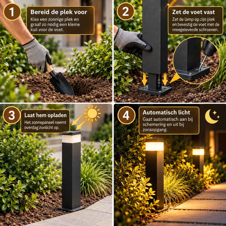 Stappenplan in vier beelden: plek voorbereiden, voet vastschroeven, overdag opladen in de zon en 's avonds automatisch oplichten. 4
