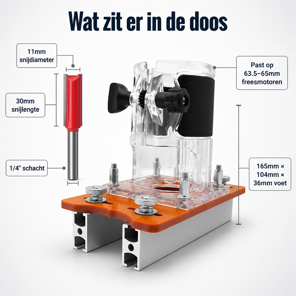Productoverzicht met de rode rechte frees, de mal met aluminium rails en acryl opzetstuk, voorzien van maataanduidingen. 7