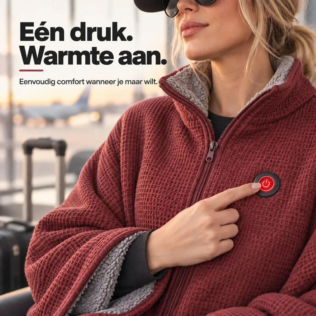 Close-up van een vrouw die met haar vinger de rode aan/uit-knop op de rode deken indrukt 9