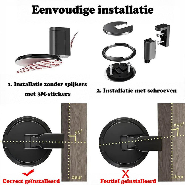 Infographic met twee montagemethoden, plakstrips en schroeven, plus een goede en foute plaatsing ten opzichte van de deur 4