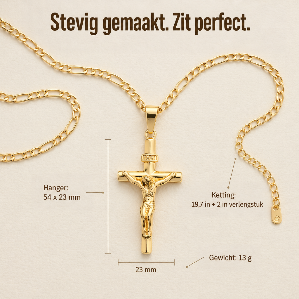 Gouden kruisbeeld met Figaro-ketting plat gelegd, met maatlijnen voor hanger, kettinglengte en gewicht 6