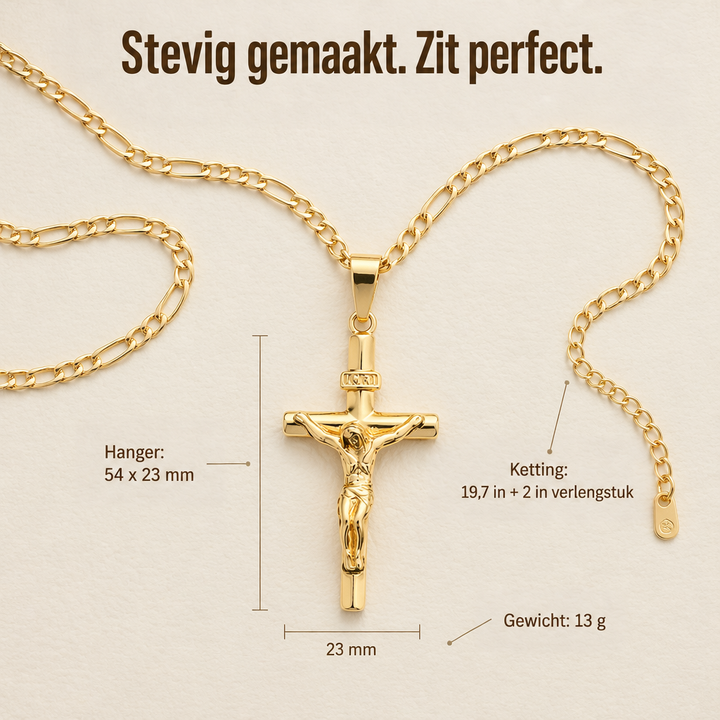 Gouden kruisbeeld met Figaro-ketting plat gelegd, met maatlijnen voor hanger, kettinglengte en gewicht 6
