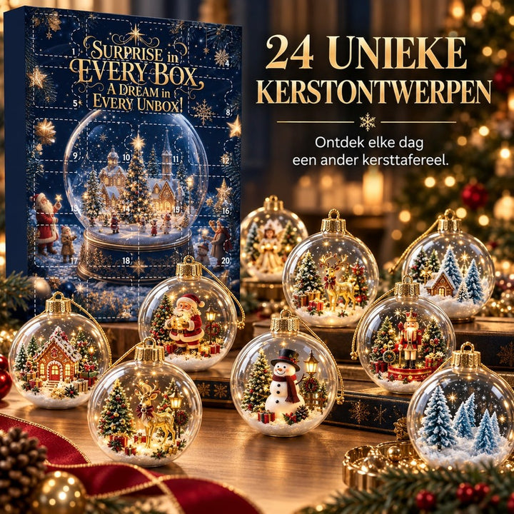 Donkerblauwe adventskalender met sneeuwbolprint, omringd door acht doorzichtige kerstballen met winterse taferelen op een 1