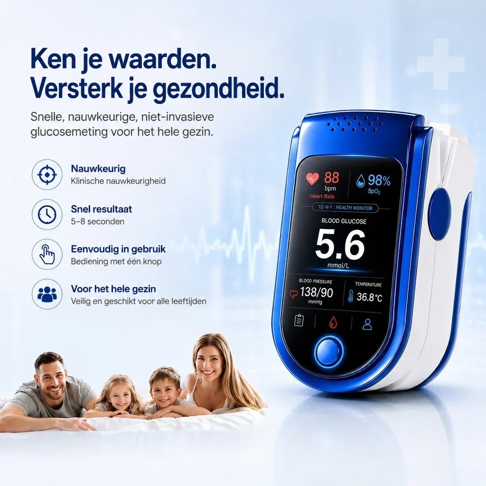Blauw-witte monitor met groot display naast een lachend gezin met twee kinderen dat op een bed ligt, met kenmerken in pictogramlijst ernaast. 5