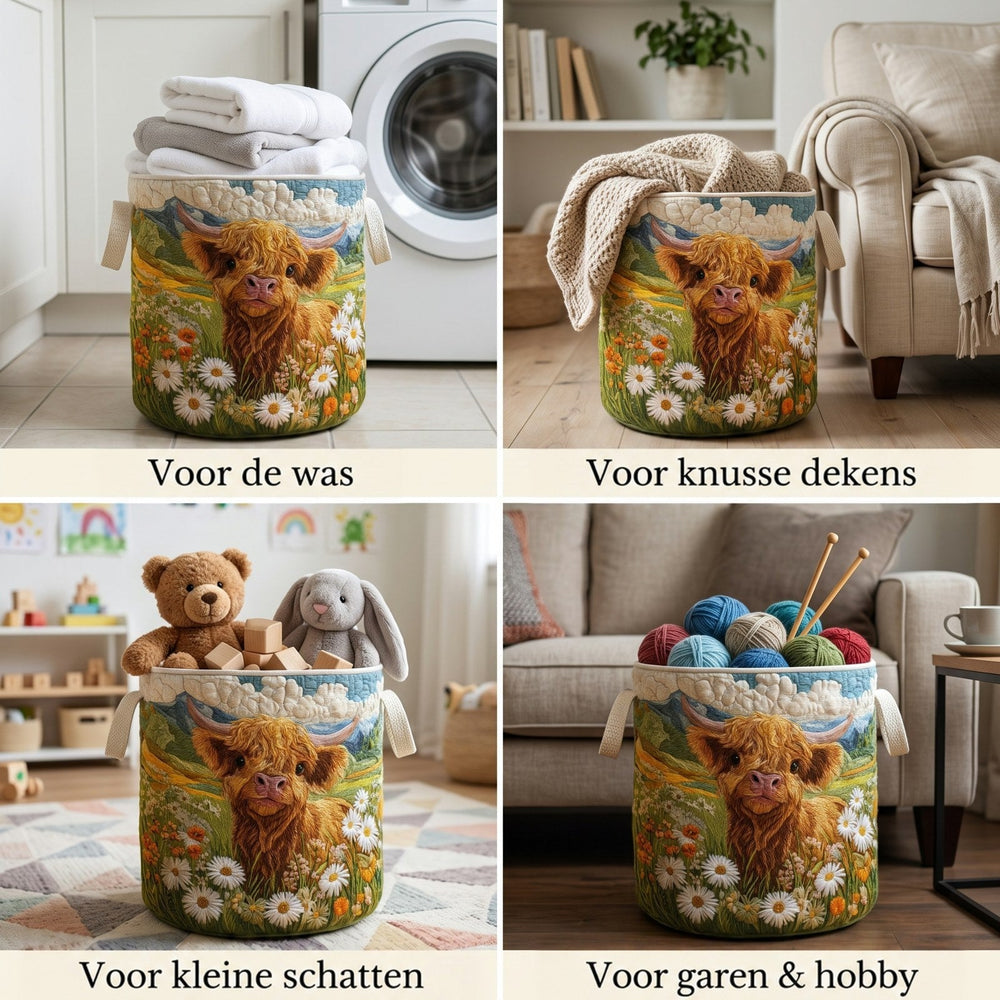 Collage van vier foto's met de mand gevuld met wasgoed, plaids, speelgoed en wol, ter illustratie van verschillende gebruiksmogelijkheden. 2