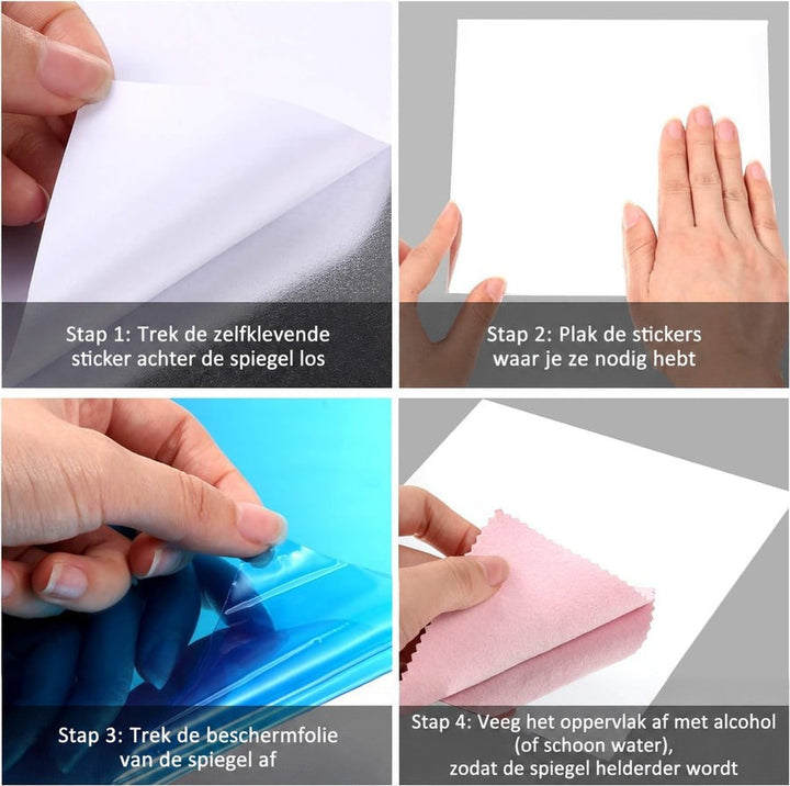 Vier stappen in beeld: de plakbacking aftrekken, de spiegel aanbrengen, de blauwe beschermfolie verwijderen en het oppervlak schoonmaken met een roze doekje. 9