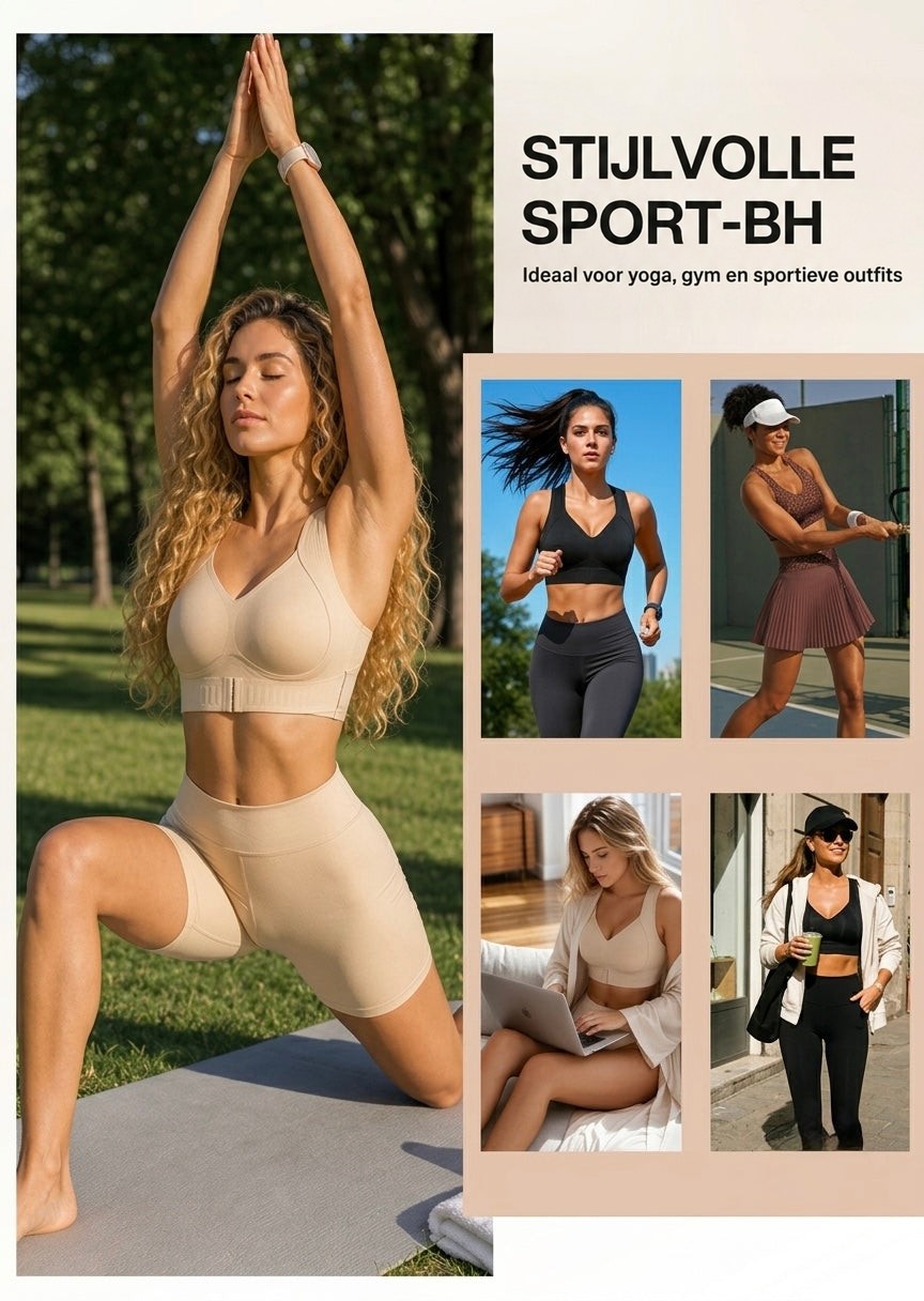 Collage van vrouwen in de sportbh tijdens yoga, hardlopen, tennis, thuis werken en wandelen in de stad. 9